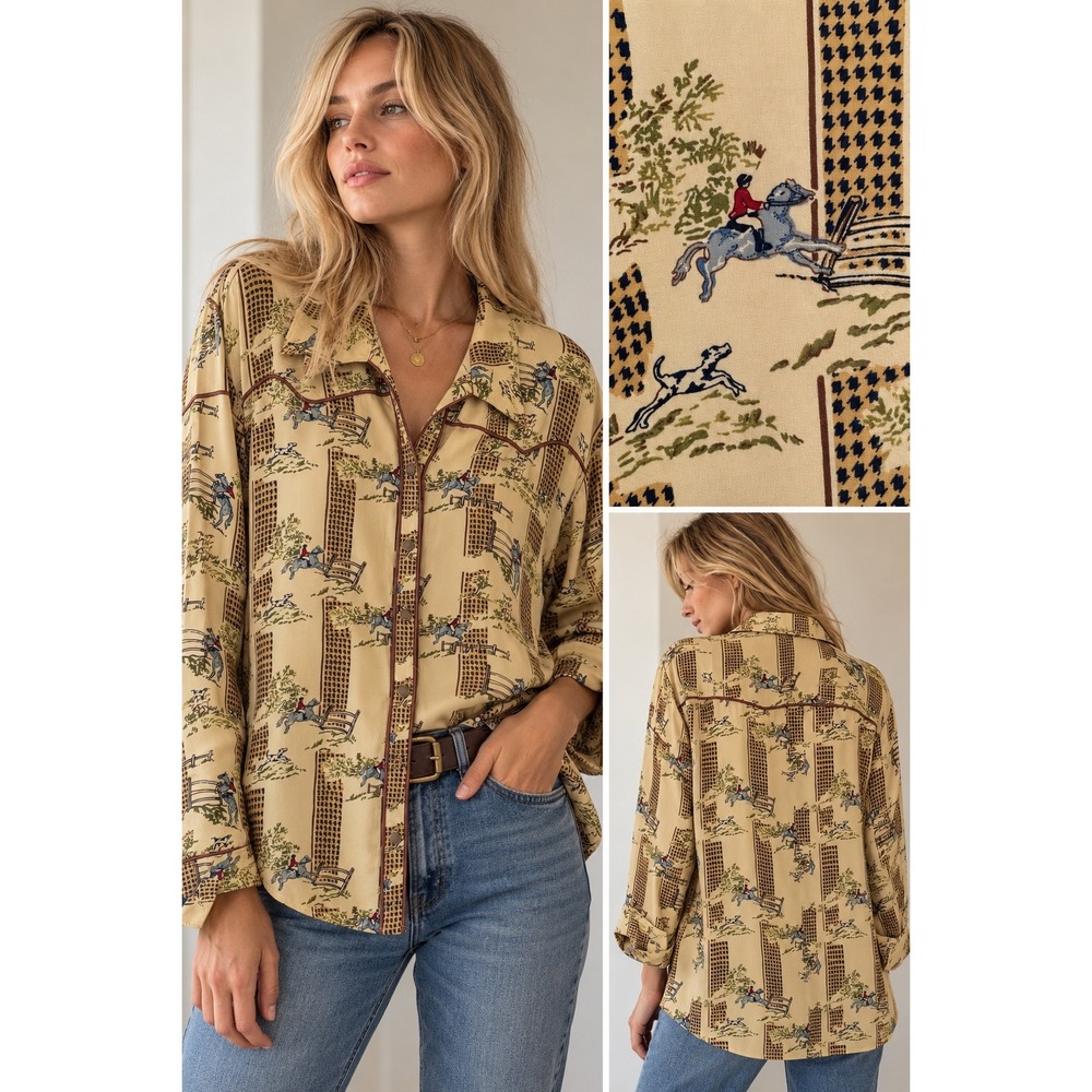 Vintage Equestrian Horse Print Western Top 16W Preppy Old Money Hunting Dog